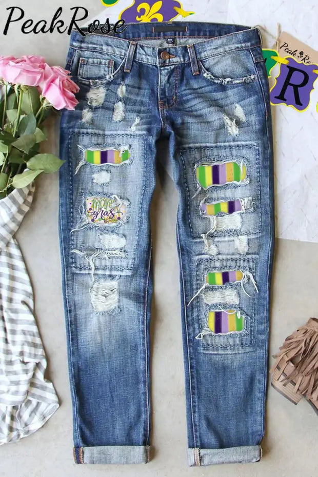 It’s Mardi Gras Y’all Fleur De Lis Striped Casual Print Ripped Jeans S