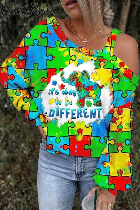 It’s Okay To Be Different Elephant Autism Awareness Print Off-Shoulder Blouse