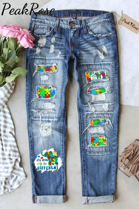 It’s Okay To Be Different Elephant Autism Awareness Print Ripped Denim Jeans