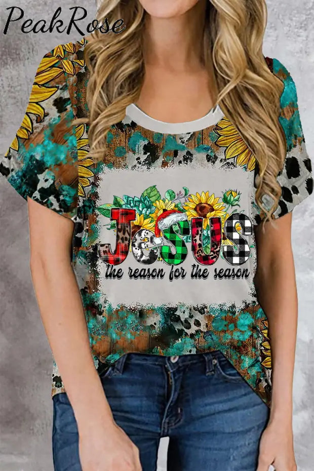 Jesus The Reason For Season Faith Christmas Sunflower T-Shirt S / Leopard T-Shirt