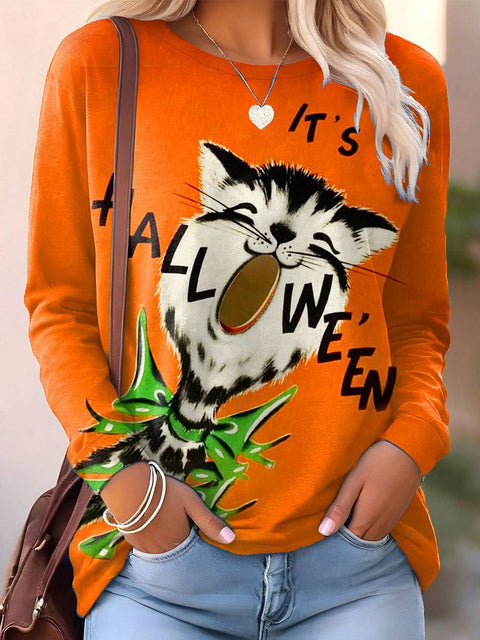 Women's Funny Halloween Cat Art Print Casual Sweatshirt