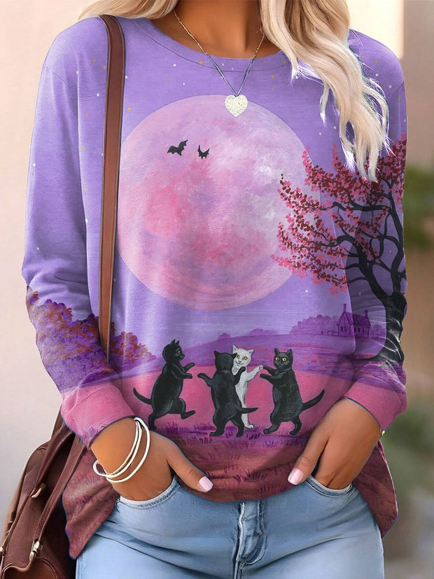 Women's Halloween Black Cat Print Casual Sweatshirt