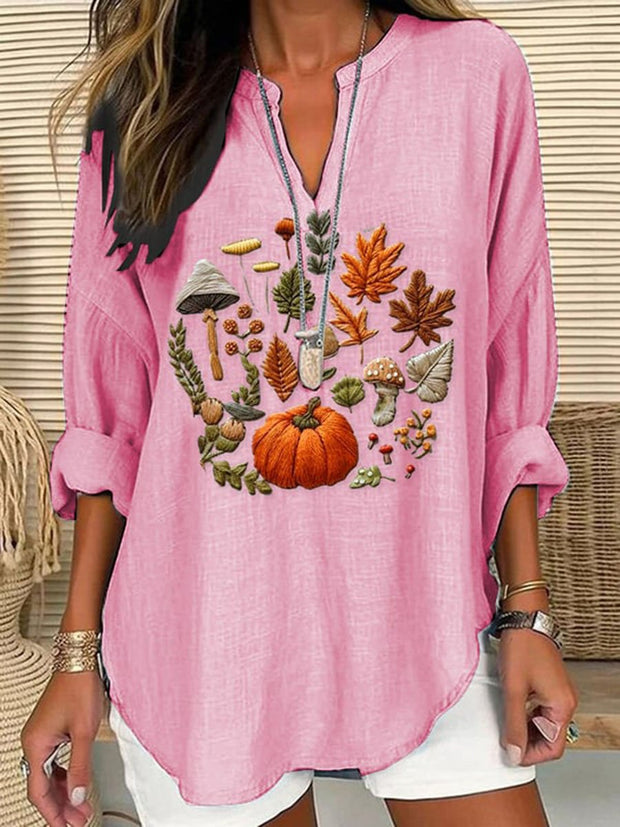 Women's Embroidered Pumpkin Art  Print Casual Linen V-neck Shirt