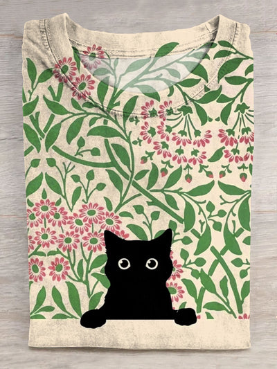 Black Cat In Flowers Art Print Casaul Short Sleeve T-shirt