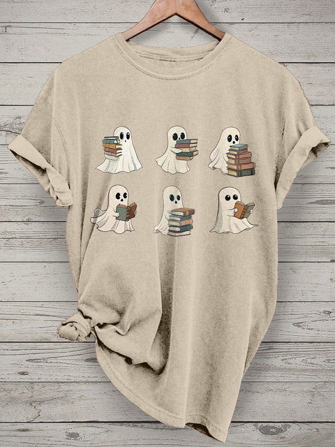 Ghost Reading Books Bookish Halloween Casual Print T-shirt