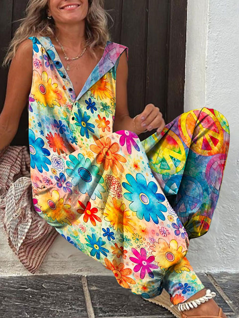 Women's Vintage Hippie Peace Flower Art Print Casual 100% Cotton Wide Leg Jumpsuit