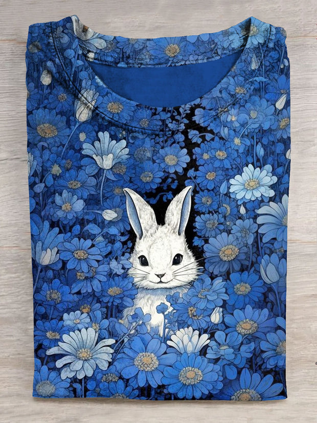 White Rabbit In Flower Blue Art Print Casual Short Sleeve T-shirt