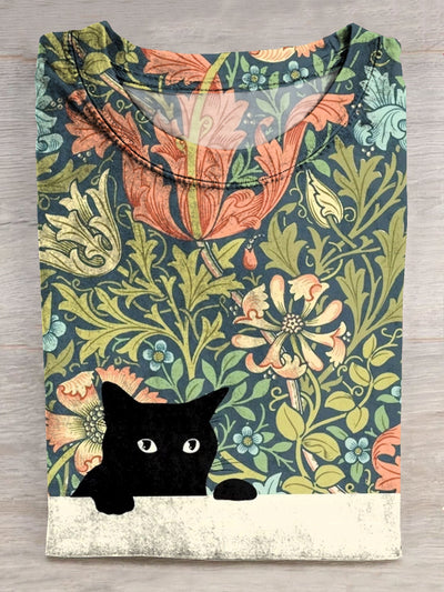 Black Cat In Flowers Art Print Casaul Short Sleeve T-shirt