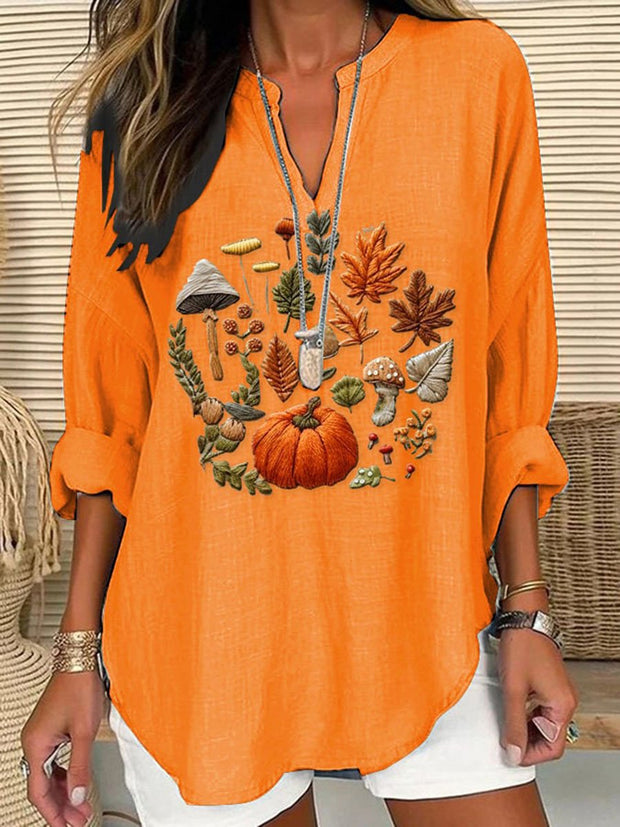 Women's Embroidered Pumpkin Art  Print Casual Linen V-neck Shirt