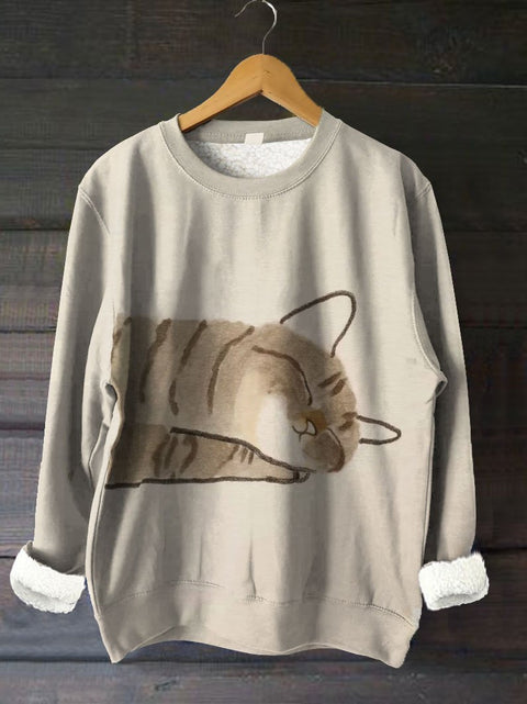 Women's Cute Tired Kitty Cat Art Print Cozy Warm Freezing Fluff/Granular Fleece Fabric Plush Sweatshirt