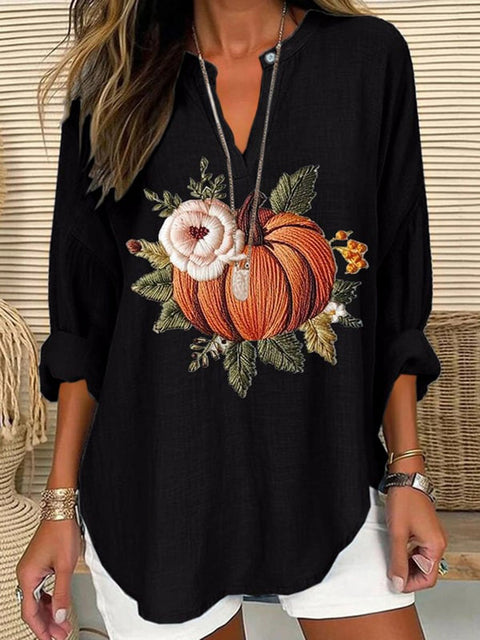 Women's Embroidered Pumpkin Art  Print Casual Linen V-neck Shirt