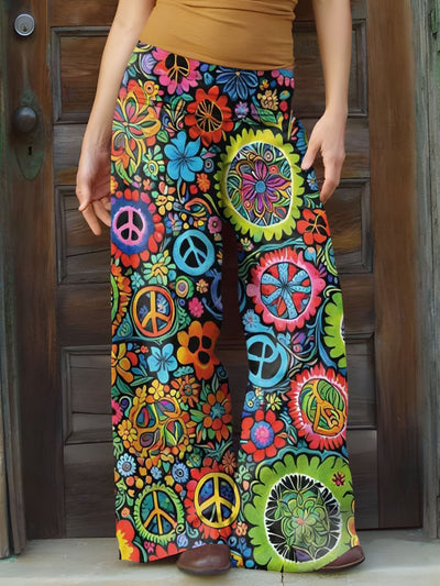 Women's Vintage Mandala Hippie Flower Power Print Wide Leg Pant