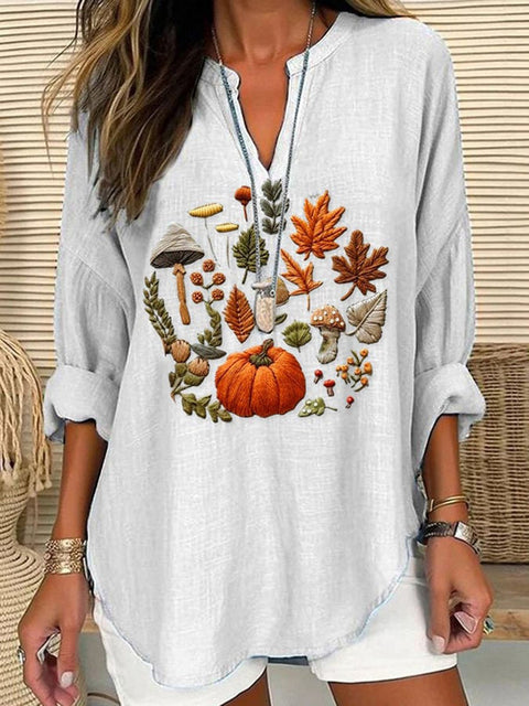 Women's Embroidered Pumpkin Art  Print Casual Linen V-neck Shirt