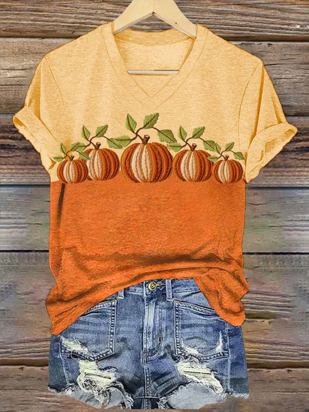 Women's Embroidered Pumpkin Art Print  V-neck Casual T-Shirt