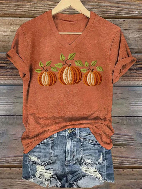 Women's Embroidered Pumpkin Art Print  V-neck Casual T-Shirt