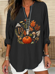 Women's Embroidered Pumpkin Art  Print Casual Linen V-neck Shirt