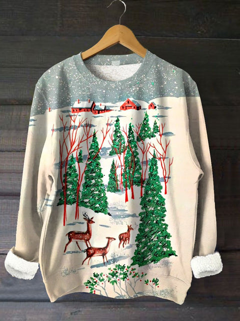 Women's Retro Christmas Art Print Cozy Plush Sweatshirt