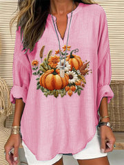 Women's Embroidered Pumpkin Art  Print Casual Linen V-neck Shirt