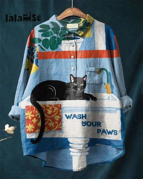 Vintage Cat Art Print Casual Cotton And Linen Shirt