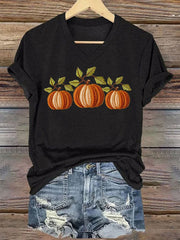 Women's Embroidered Pumpkin Art Print  V-neck Casual T-Shirt