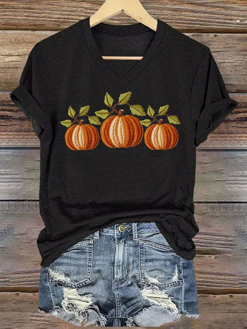 Women's Embroidered Pumpkin Art Print  V-neck Casual T-Shirt