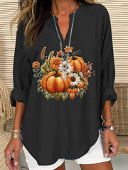 Women's Embroidered Pumpkin Art  Print Casual Linen V-neck Shirt