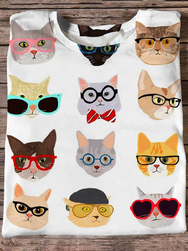 Cute Cat With Glasses Art Print Casaul Short Sleeve T-shirt