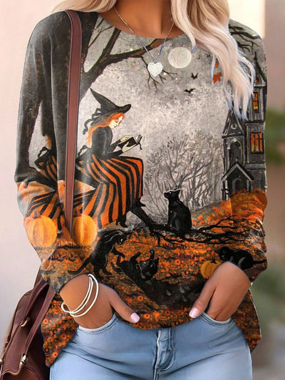 Women's Halloween Witch Black Cat Print Casual Sweatshirt