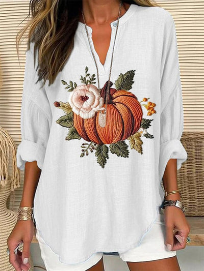 Women's Embroidered Pumpkin Art  Print Casual Linen V-neck Shirt