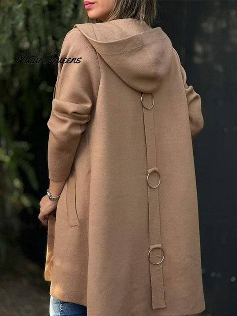 Women's Solid Color Woolen Fabric Hooded Cape Jacket