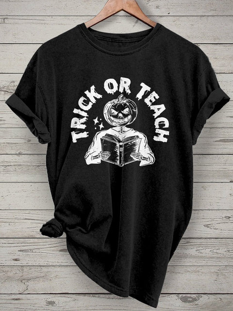 Halloween Teacher Trick or Teach Spooky Teacher Casual Print T-shirt