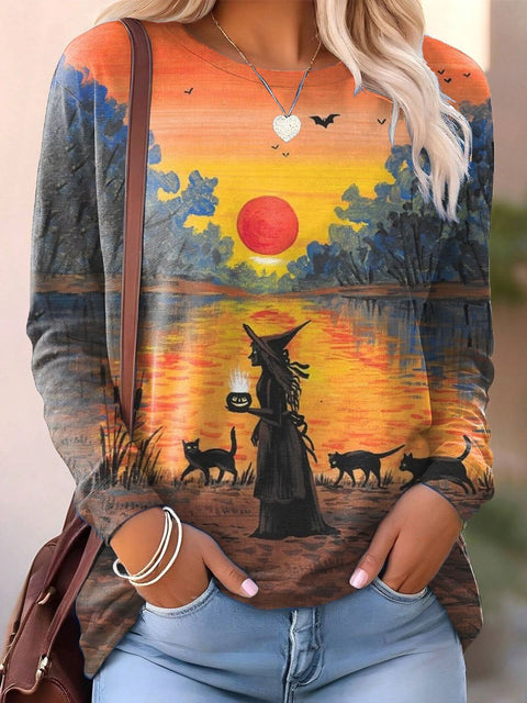 Women's Halloween Witch Black Cat Print Casual Sweatshirt