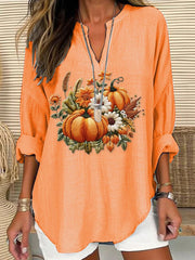 Women's Embroidered Pumpkin Art  Print Casual Linen V-neck Shirt