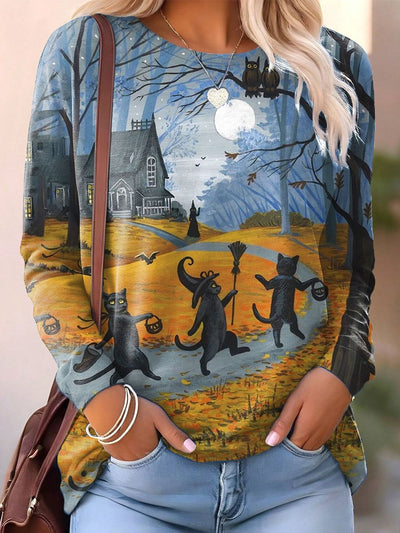 Women's Halloween Black Cat Print Casual Sweatshirt