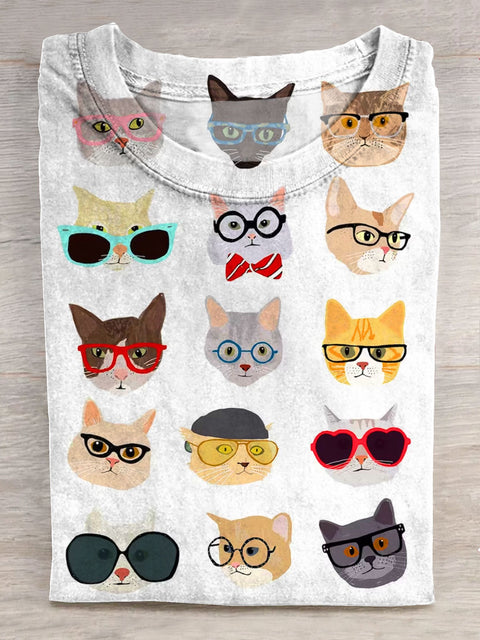 Cute Cat With Glasses Art Print Casaul Short Sleeve T-shirt