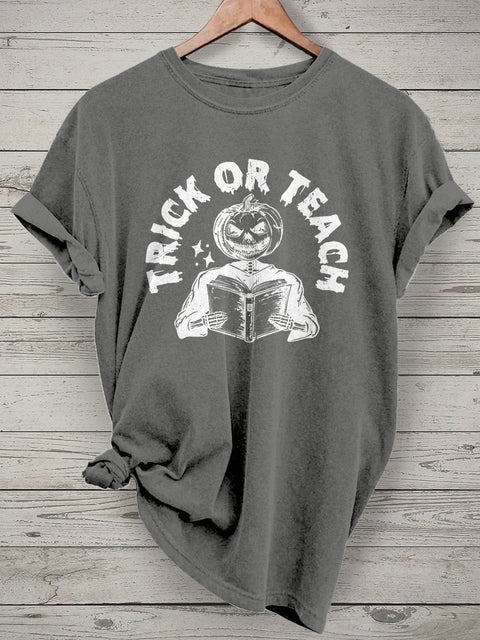 Halloween Teacher Trick or Teach Spooky Teacher Casual Print T-shirt