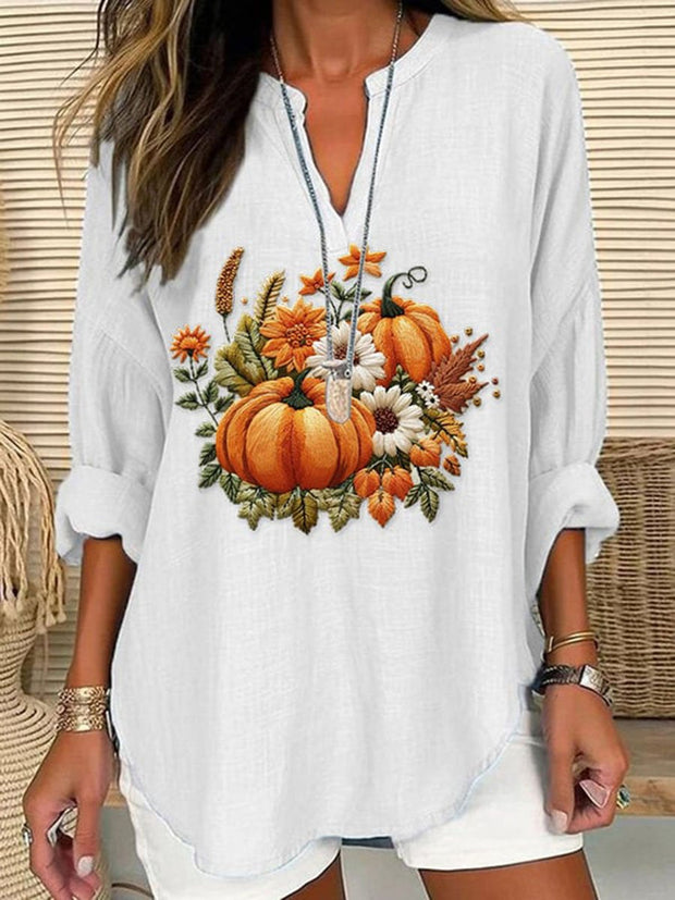 Women's Embroidered Pumpkin Art  Print Casual Linen V-neck Shirt