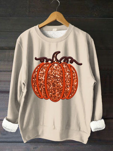 Sparkling Glitter Pumpkin Art Print Cozy Warm Freezing Fluff/Granular Fleece Fabric Plush Sweatshirt