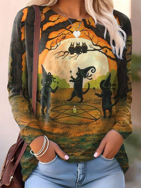 Women's Halloween Black Cat Print Casual Sweatshirt