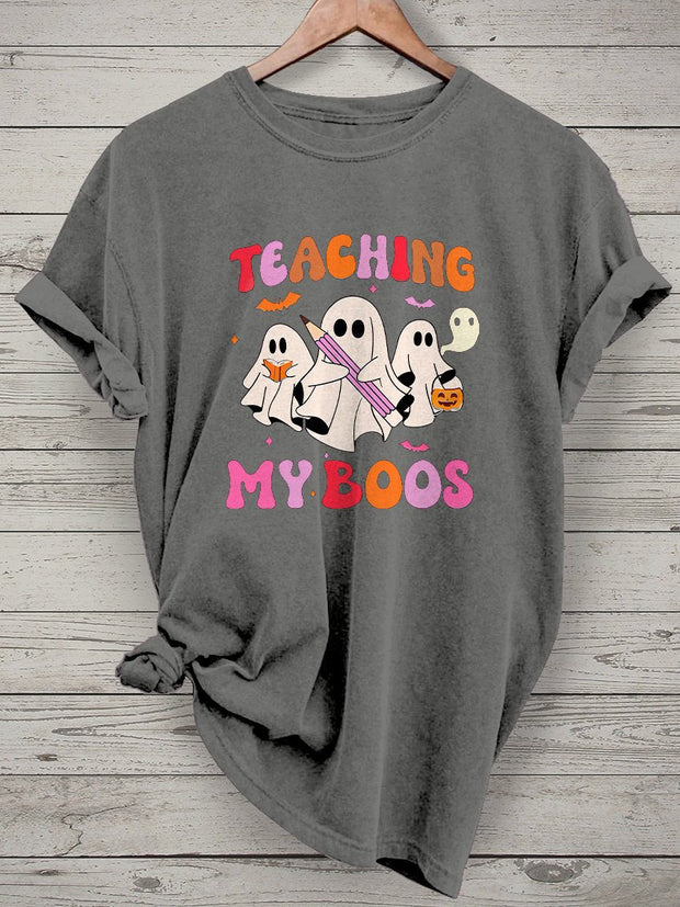 Teaching My Boos Spooky Trick Or Teach Casual Print T-shirt