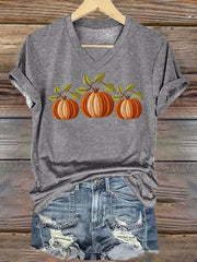 Women's Embroidered Pumpkin Art Print  V-neck Casual T-Shirt