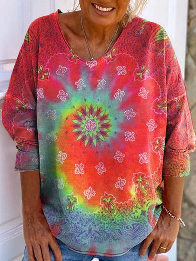 Women's Tie-dye Floral Art Print Long Sleeve T-shirt