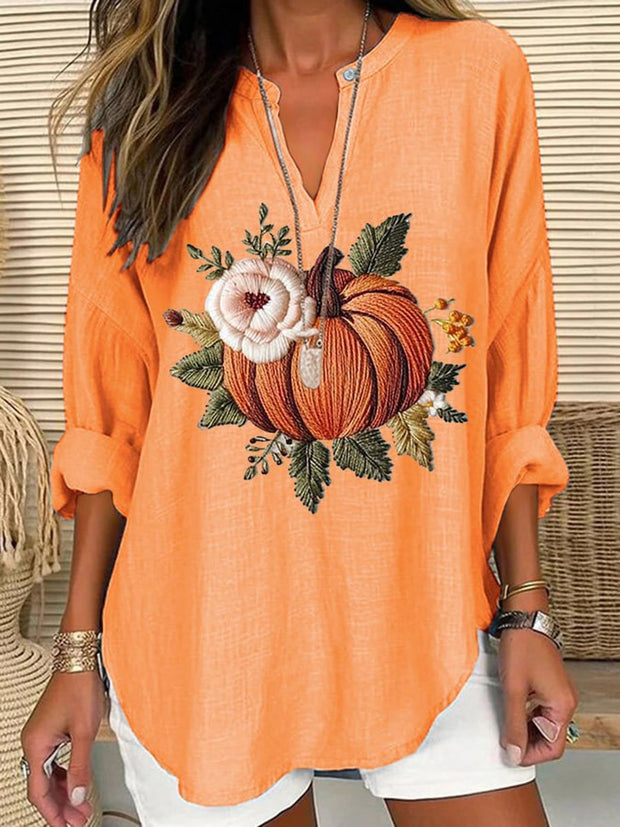 Women's Embroidered Pumpkin Art  Print Casual Linen V-neck Shirt