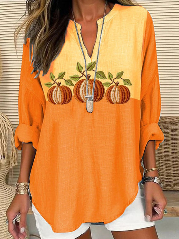 Women's Embroidered Pumpkin Art  Print Casual Linen V-neck Shirt