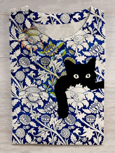 Black Cat In Flower Art Print Casaul Short Sleeve T-shirt