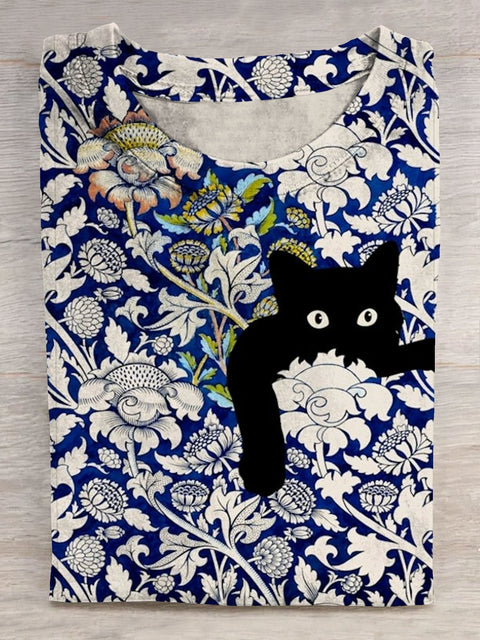 Black Cat In Flower Art Print Casaul Short Sleeve T-shirt