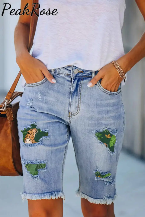 Jungle Cat Butterfly Print Denim Shorts Bermuda