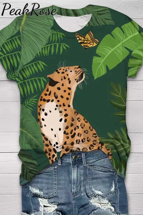 Jungle Cat Butterfly Print Round Neck Short Sleeve T-Shirt