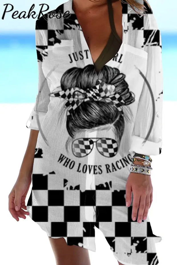 Just A Girl Who Loves Racing Print Patch Front Pockets Shirt