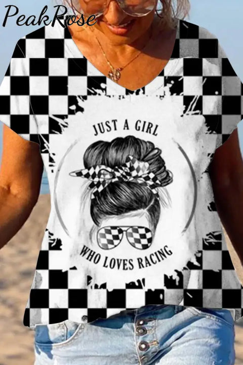 Just A Girl Who Loves Racing V-Neck T-Shirt T-Shirt